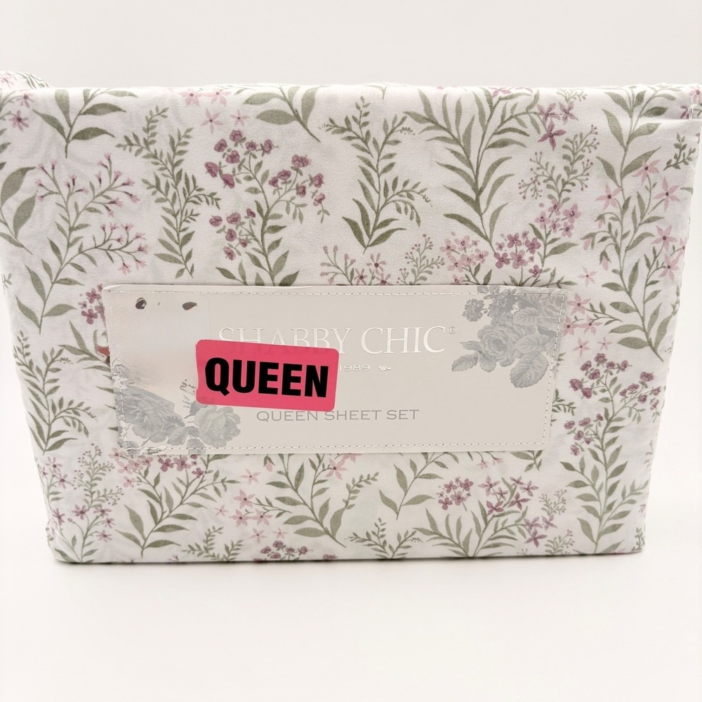 Shabby Chic Queen Sheet Set Floral Botanical Pink Sage Green Microfiber 4 Piece